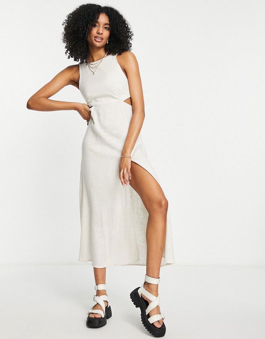 ASOS DESIGN cut out midi sundress with splits in stone-Neutral