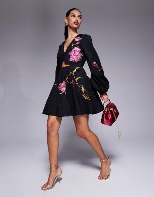 Asos Design Cut Out Mini Dress With Floral Embroidery In Black