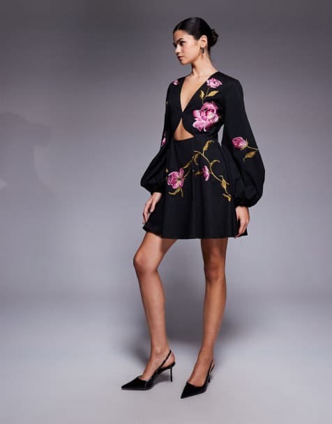 ASOS DESIGN cut out mini dress with floral embroidery in black  - view 1