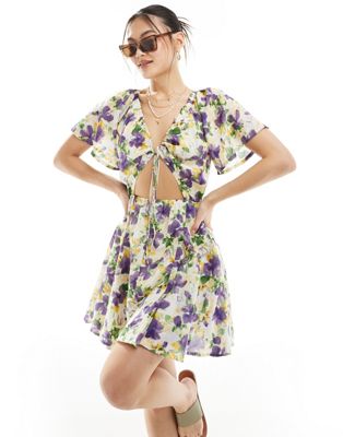 Asos Design Cut-out Mini Dress With Godet Skirt In Lilac Floral-multi