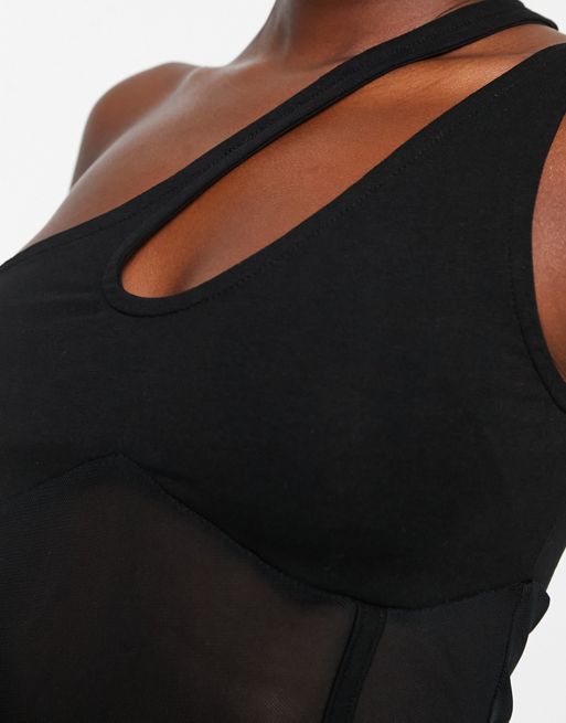 ASOS DESIGN cut out one shoulder mesh corset top in black