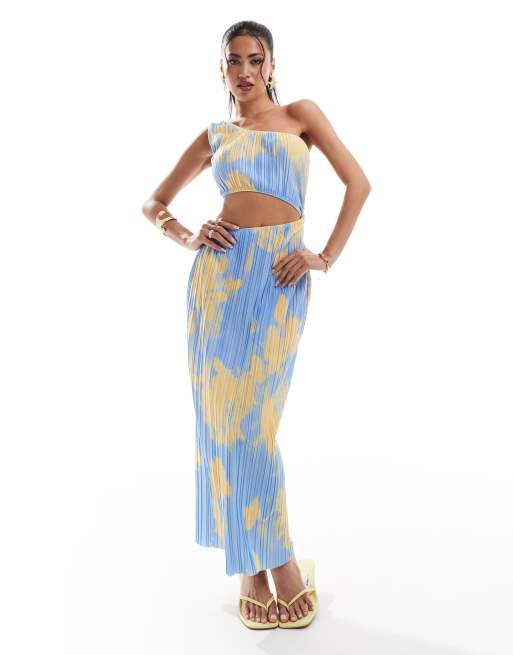 ASOS DESIGN cut out one shoulder plisse midi dress in blue floral print, 2 of 4
