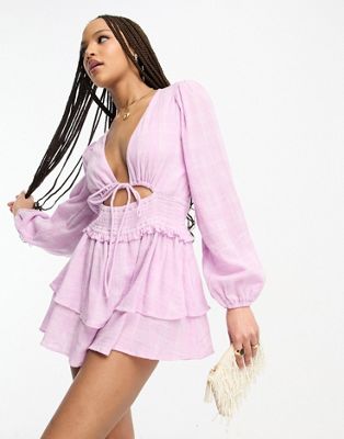 ASOS DESIGN cut out ra-ra playsuit in lilac textured check