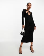 ASOS DESIGN bardot ruched front cut out long sleeve midi dress in