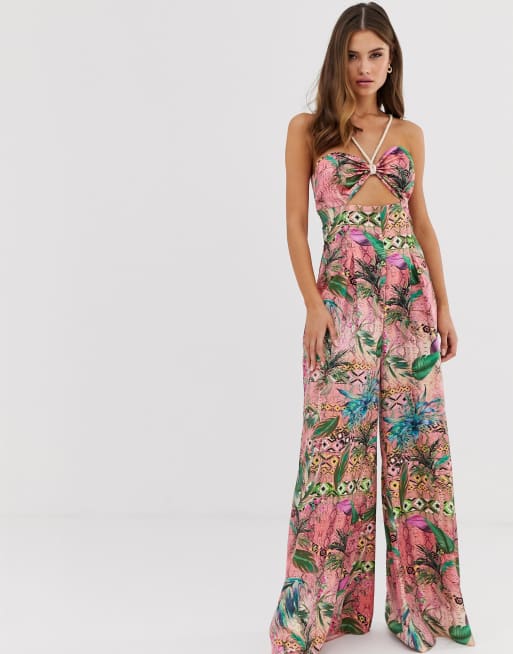 ASOS DESIGN cut out satin jumpsuit with rope detail in tropical print