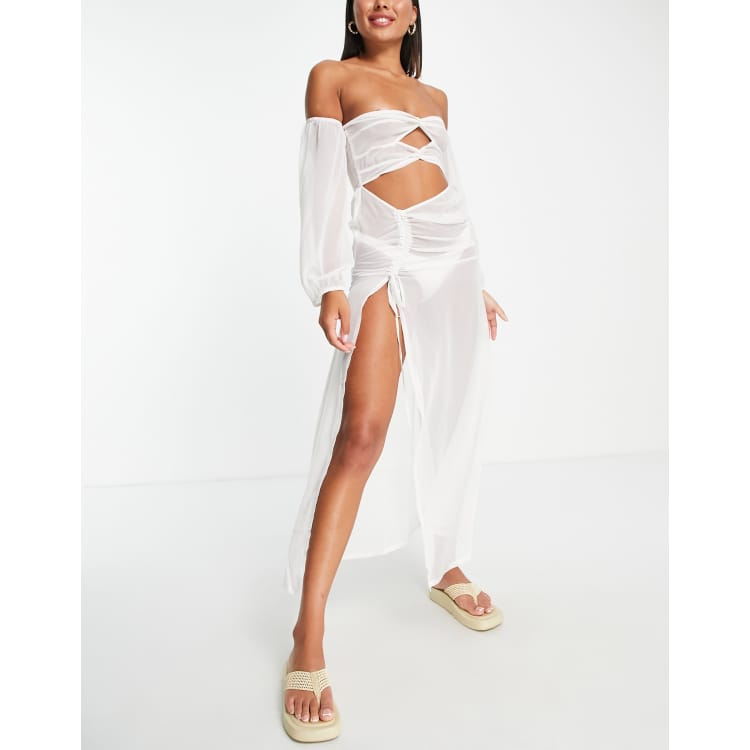 ASOS DESIGN cut out sheer bandeau beach maxi dress with removable sleeves  in white