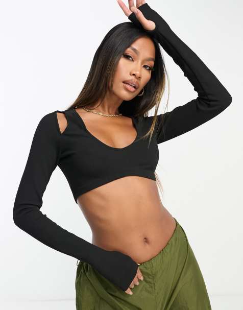 Weekday Deep low back halter neck top in black