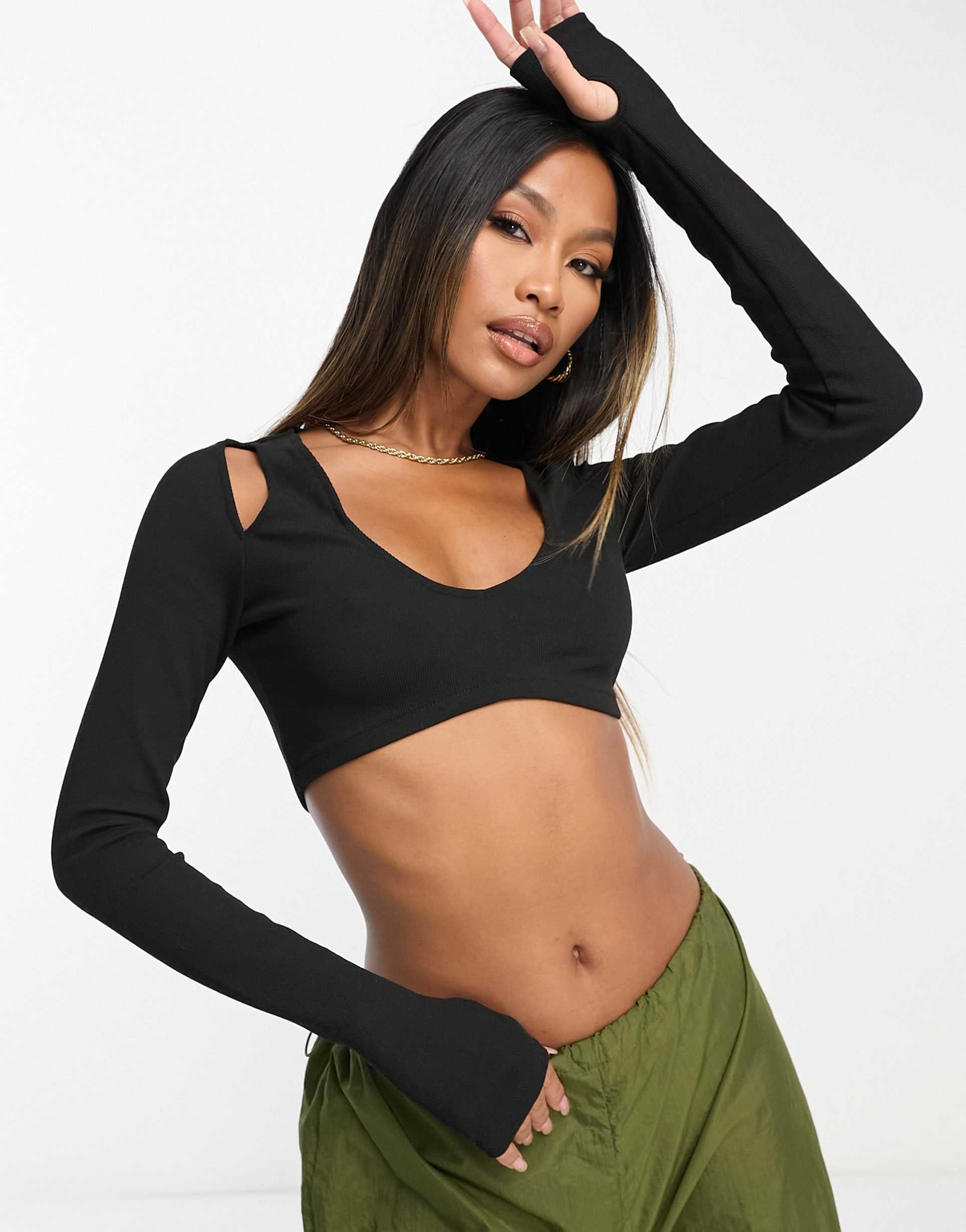 asos design cut out shoulder crop top in black