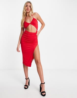 Asos Design Cut Out Strappy Halter Midi Dress With Side Slit In Red