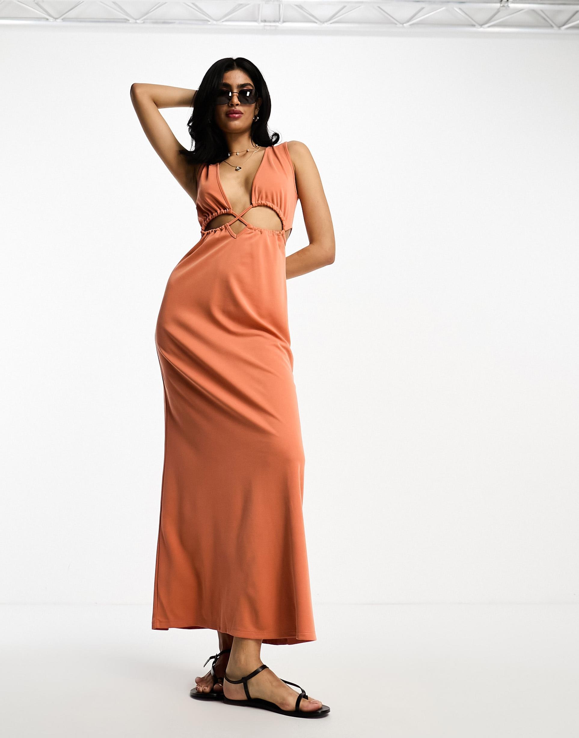 asos design cut-out strappy waist maxi dress in rust