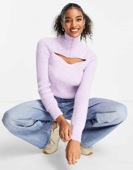 ASOS DESIGN cut out sweater with zip collar detail in lilac