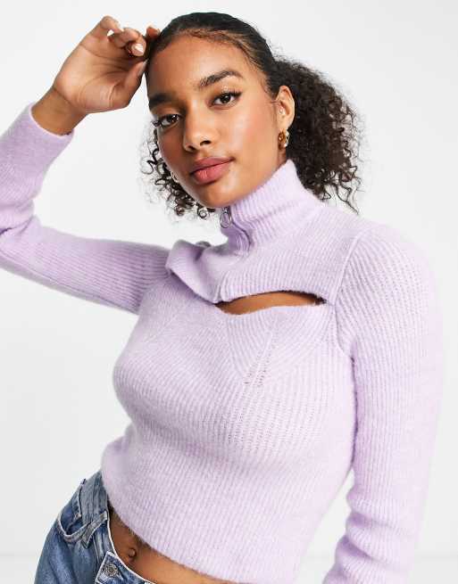 ASOS DESIGN cut out sweater with zip collar detail in lilac