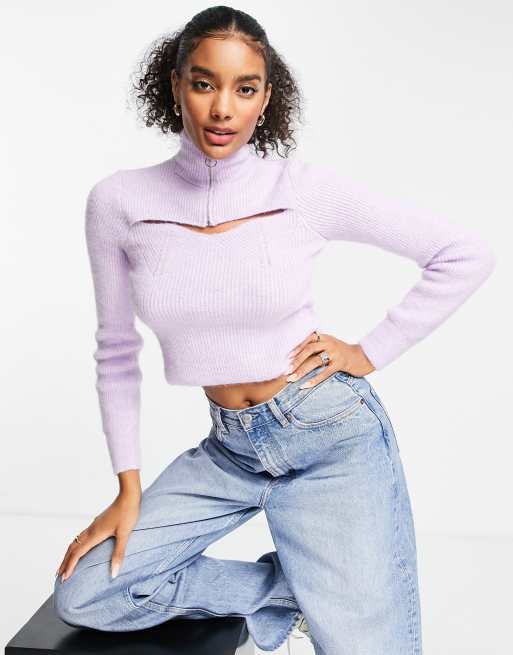 ASOS DESIGN cut out sweater with zip collar detail in lilac