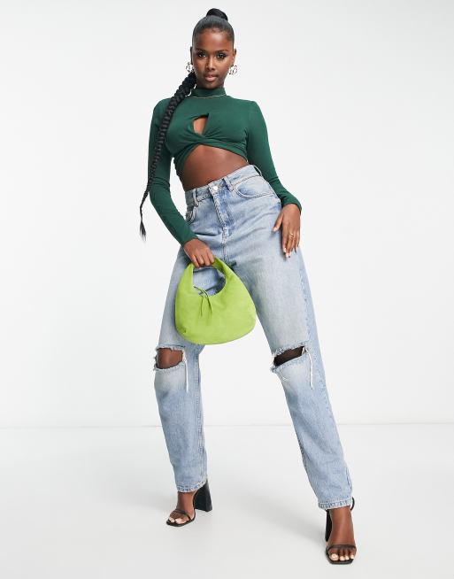 Tyler Forest Green Lace Long Sleeve Crop Top