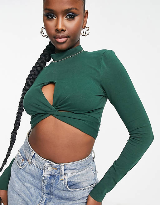 ASOS DESIGN cut out twist front crop top in forest green | ASOS