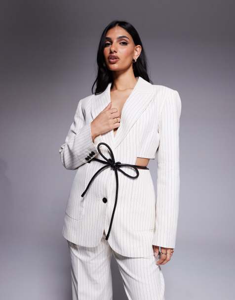 ASOS DESIGN cut out waist blazer in cream stripe - part of a set - view 1