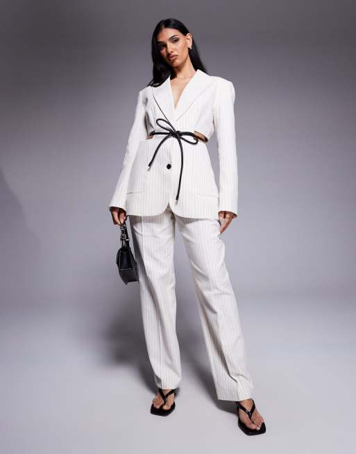 ASOS DESIGN cut-out waist blazer & tailored straight leg pants set in cream stripe