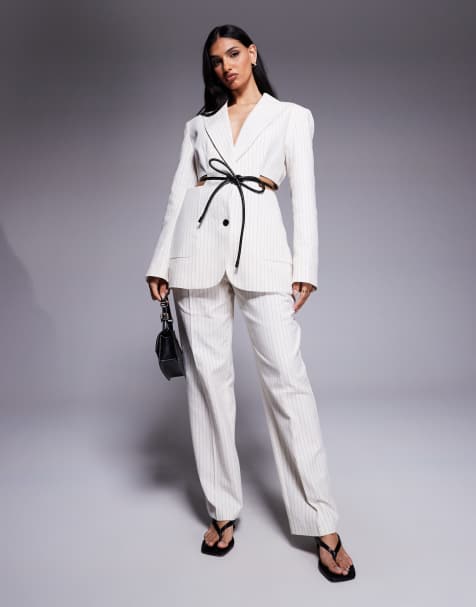 ASOS DESIGN cut out waist blazer & tailored straight leg trousers co-ord in cream stripe - view 1