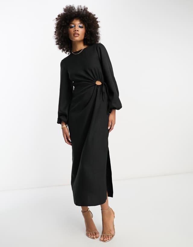 ASOS DESIGN cut out waist long sleeve midi dress in black