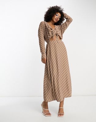 ASOS DESIGN cut out waist long sleeve midi dress in brown and white stripe