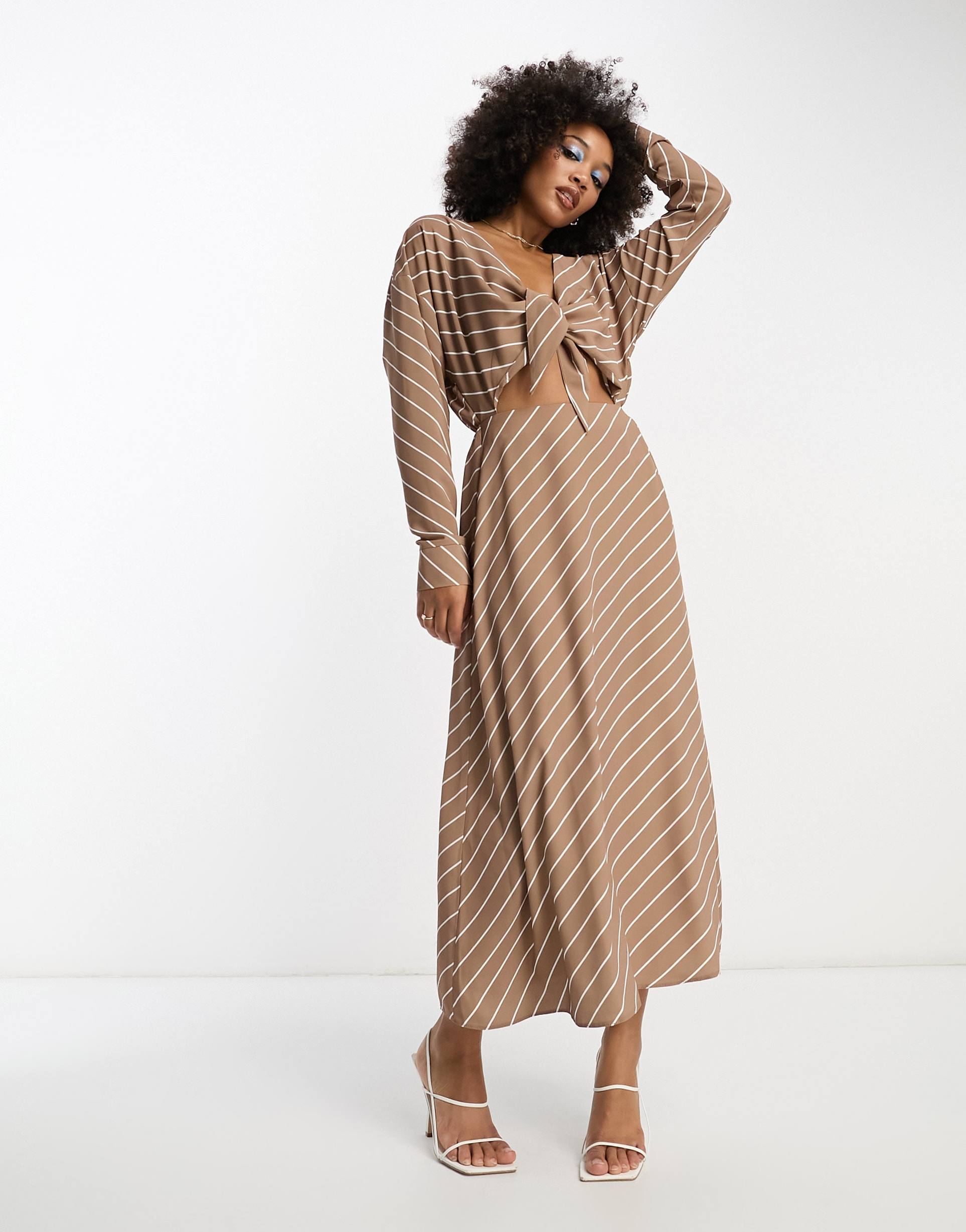 asos design cut out waist long sleeve midi dress in brown and white stripe