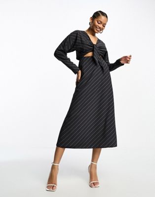 Asos Design Cut Out Waist Long Sleeve Midi Dress In Charcoal Stripe-gray