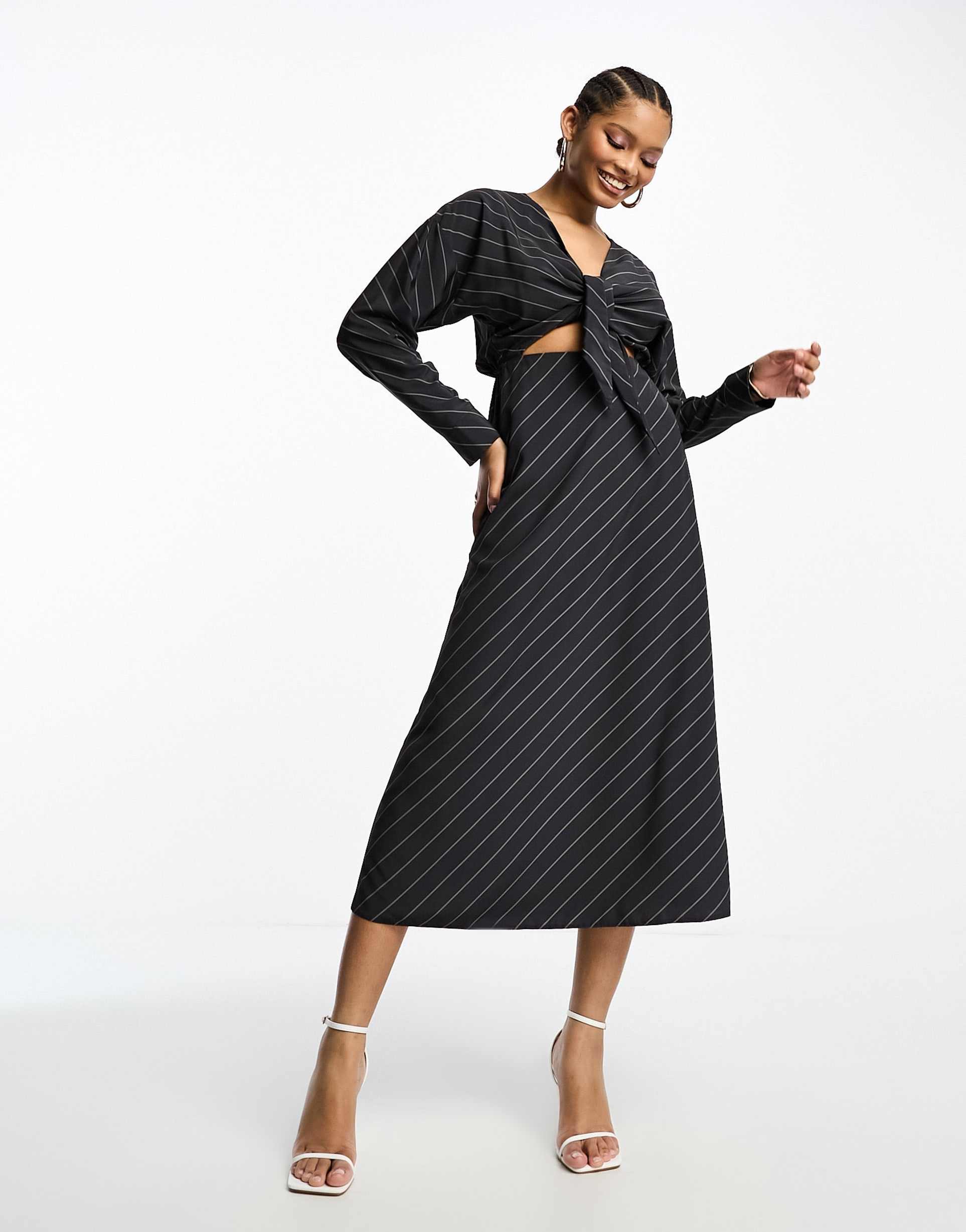 asos design cut out waist long sleeve midi dress in charcoal stripe