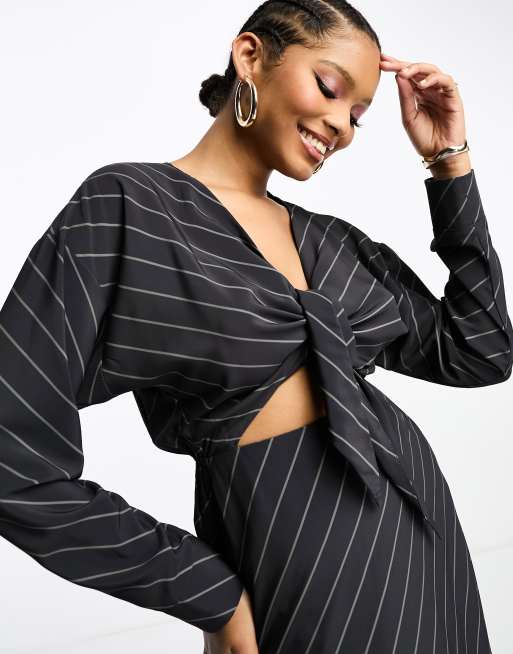 ASOS DESIGN cut out waist long sleeve midi dress in charcoal  