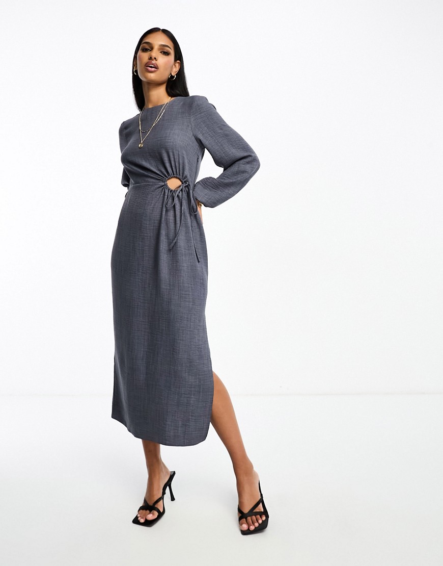 ASOS DESIGN cut out waist long sleeve midi dress in washed navy
