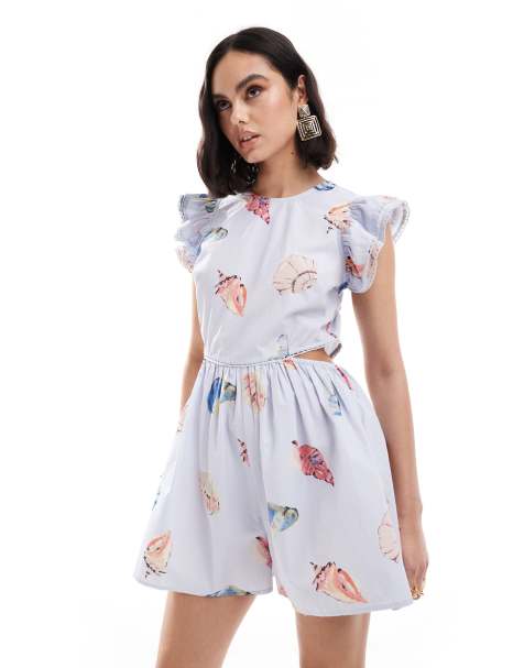 ASOS DESIGN cut out waist ruffle sleeve playsuit in blue shell print - view 1