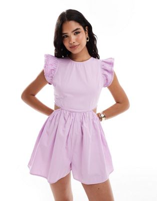 ASOS DESIGN cut out waist ruffle sleeve playsuit in lilac Sale