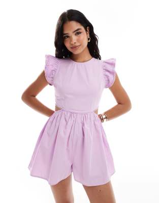 ASOS DESIGN cut out waist ruffle sleeve playsuit in lilac-Purple