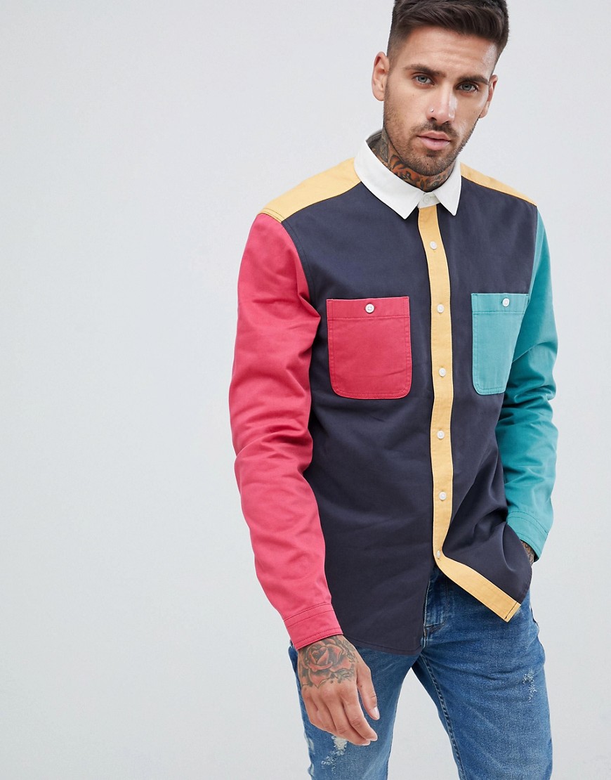 ASOS DESIGN – Cut & sew-skjorta i 90-stil med normal passform-Marinblå