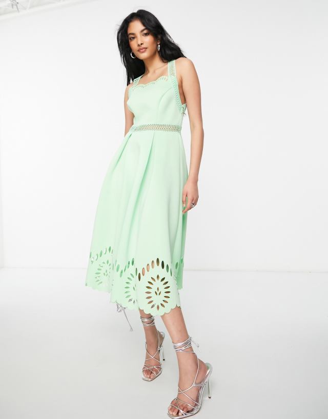 ASOS DESIGN - cut work midi dress with scallop hem in green ash