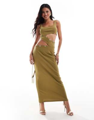 asos design cutout button detail ribbed midi dress in olive