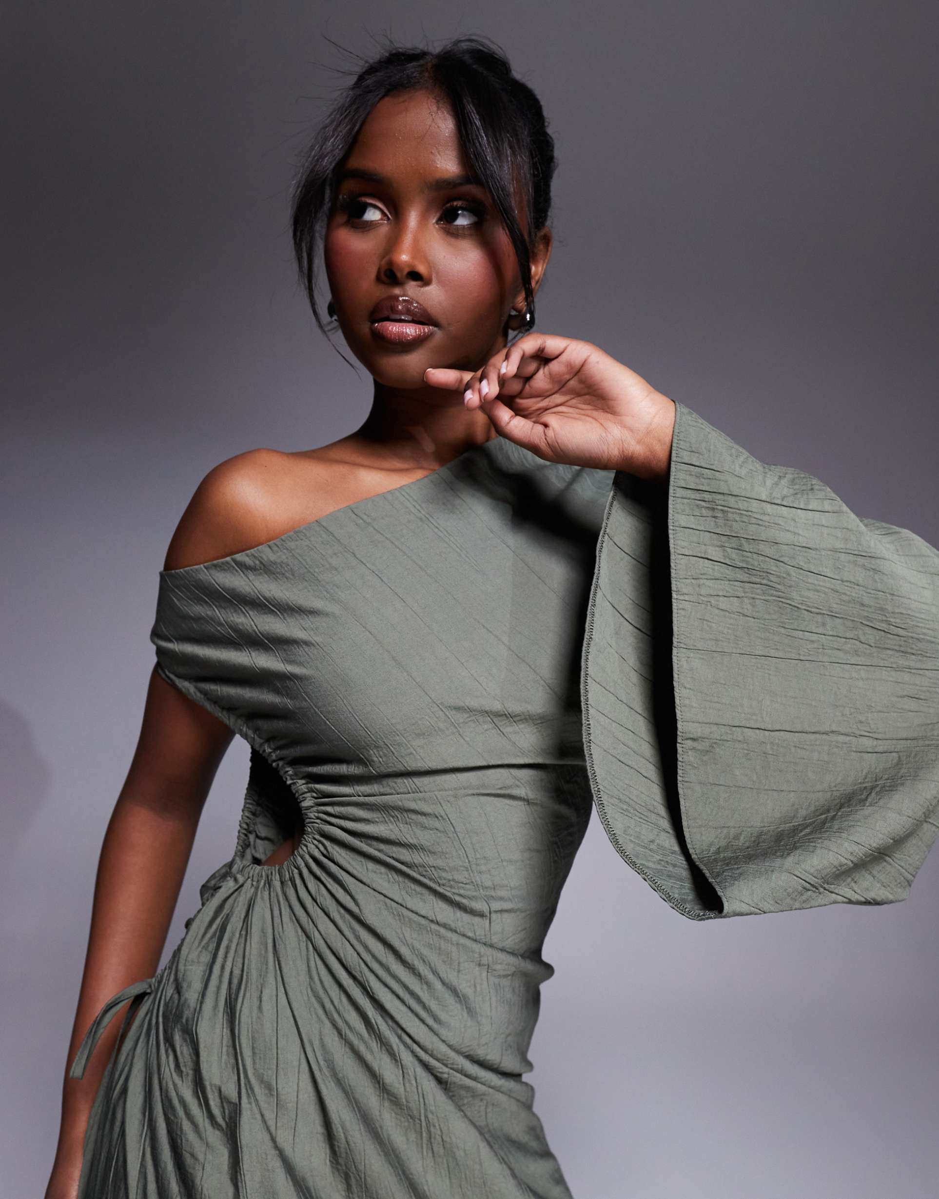 asos design cutout channel maxi dress in khaki