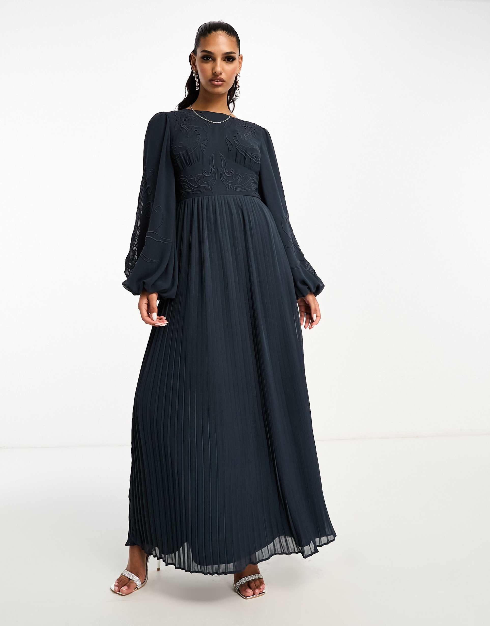 asos design cutout embroidery pleated maxi dress in slate blue