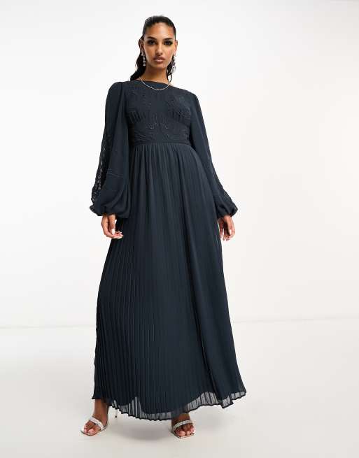 ASOS DESIGN cutout embroidery pleated maxi dress in slate blue ASOS