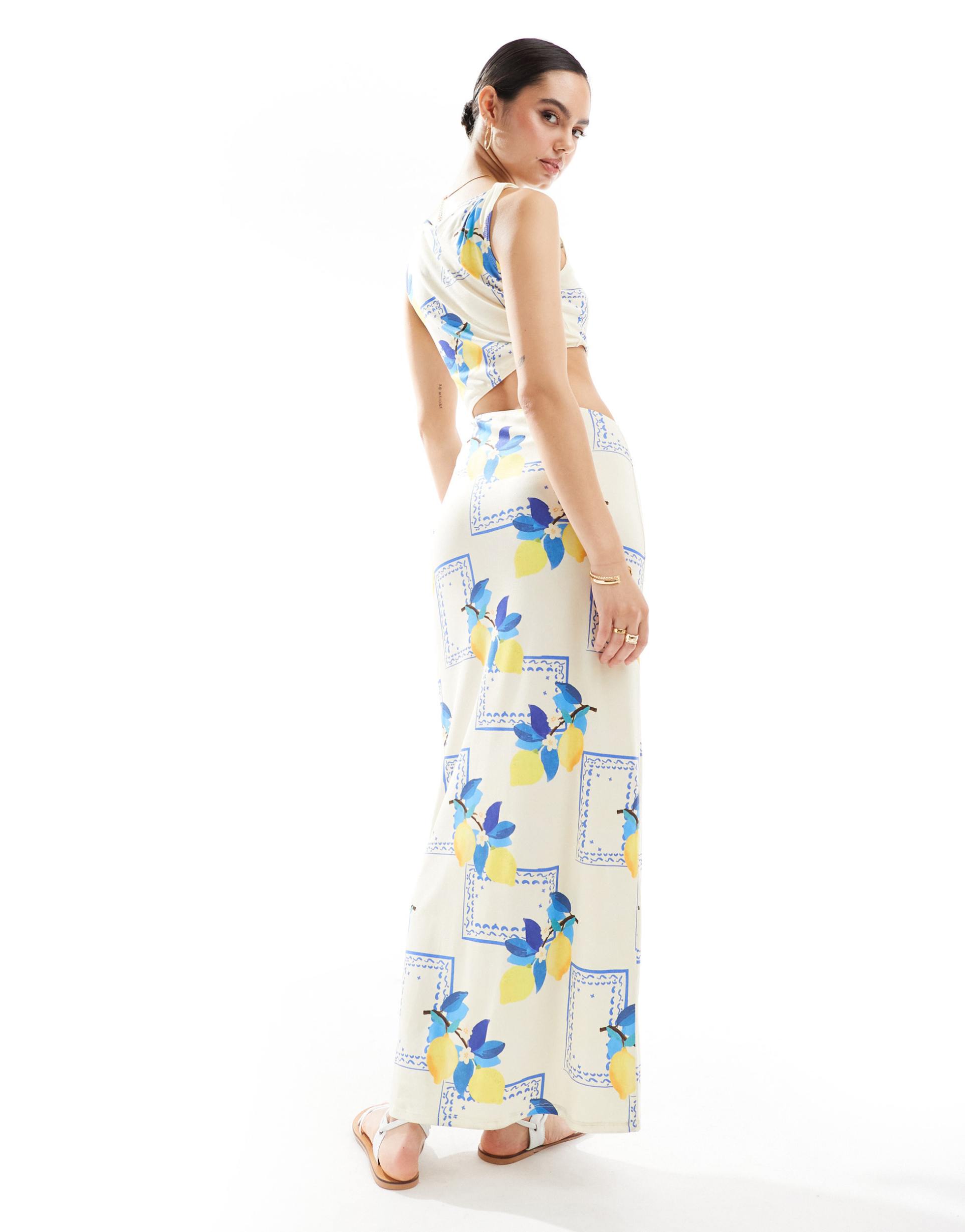 asos design cutout maxi dress in lemon print