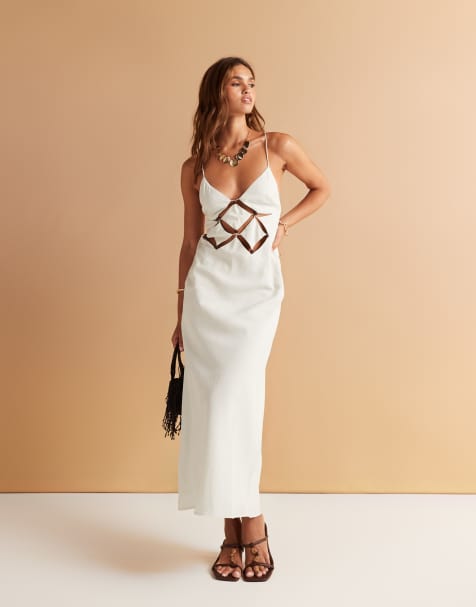 ASOS DESIGN cutout panel cami maxi dress with bead trim in stone - view 1