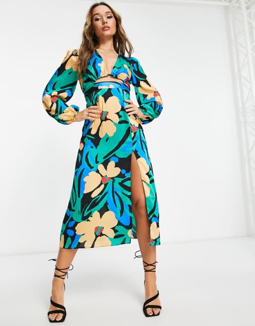 ASOS DESIGN cutout satin midi dress in bright abstract print