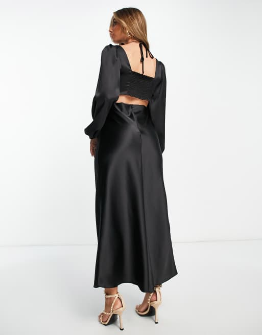 asos design satin midi dress ASOS DESIGN bias cut black satin midi slip dress w/soft v neckline detail  size 8