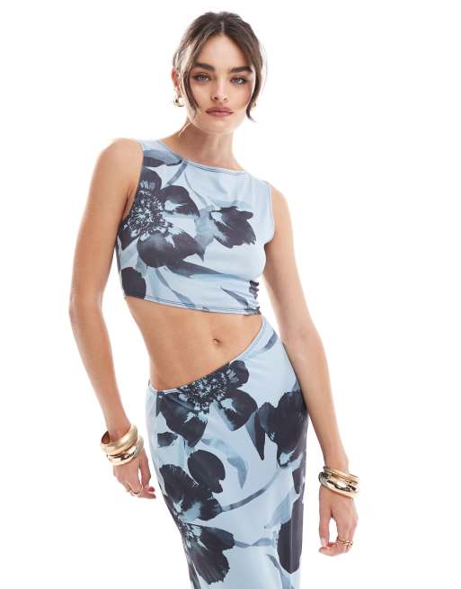 ASOS DESIGN cutout sleeveless midi dress in blue floral print, 2 of 4