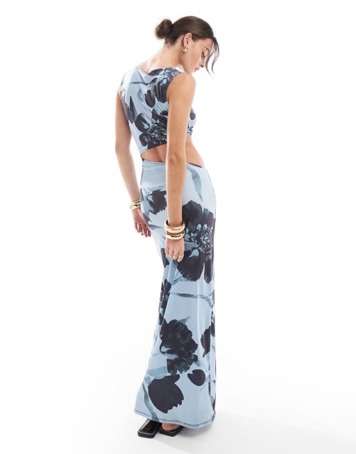ASOS DESIGN cutout sleeveless midi dress in blue floral print, 3 of 4