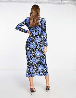 ASOS DESIGN cutout twist midi tea dress in blue floral print