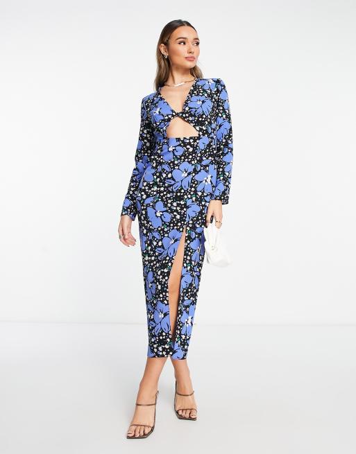 ASOS DESIGN cutout twist midi tea dress in blue floral print