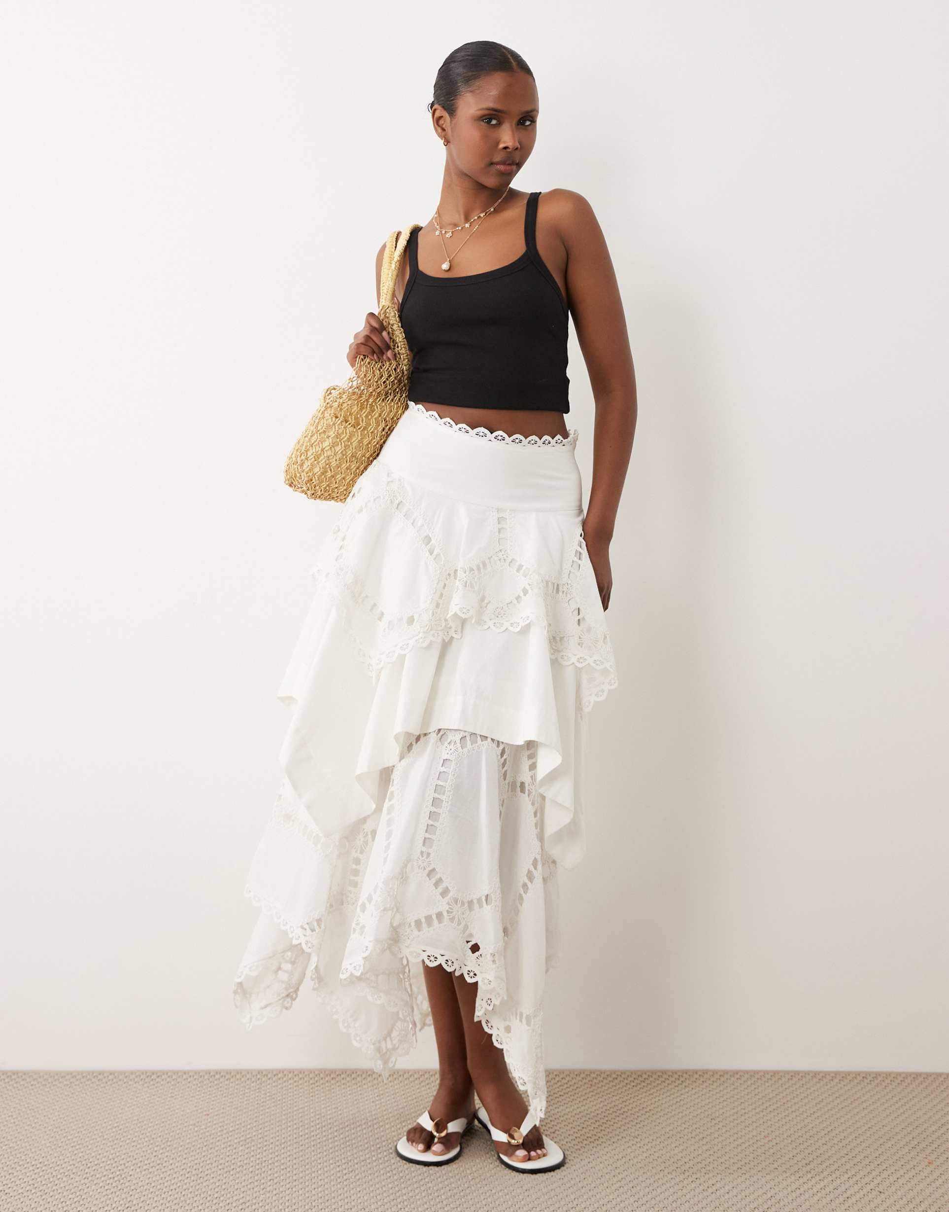 asos design cutwork broderie detail asymmetric midi skirt in white