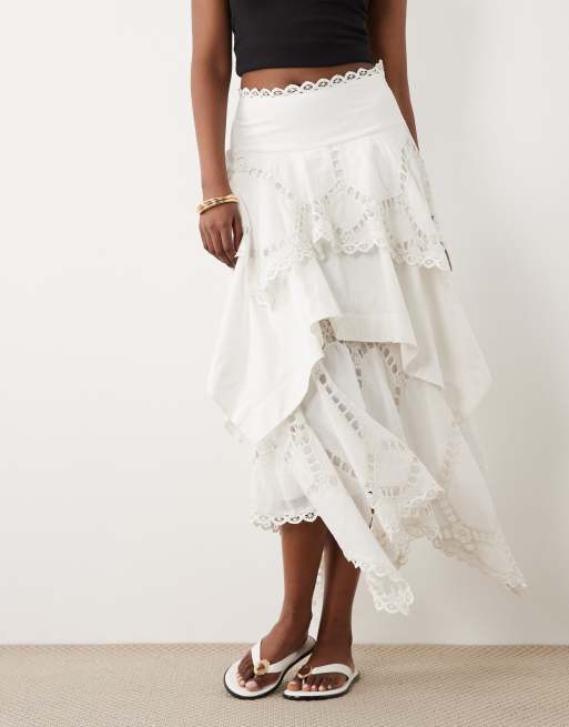 ASOS DESIGN cutwork broderie detail asymmetric midi skirt in white, 4 of 5