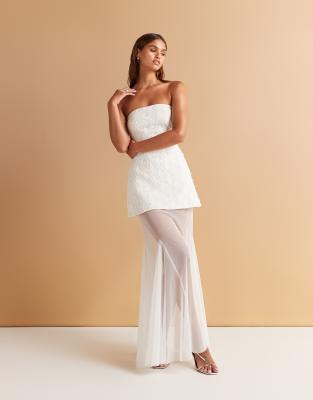 ASOS DESIGN cutwork embellished structured maxi dress with sheer full skirt in white