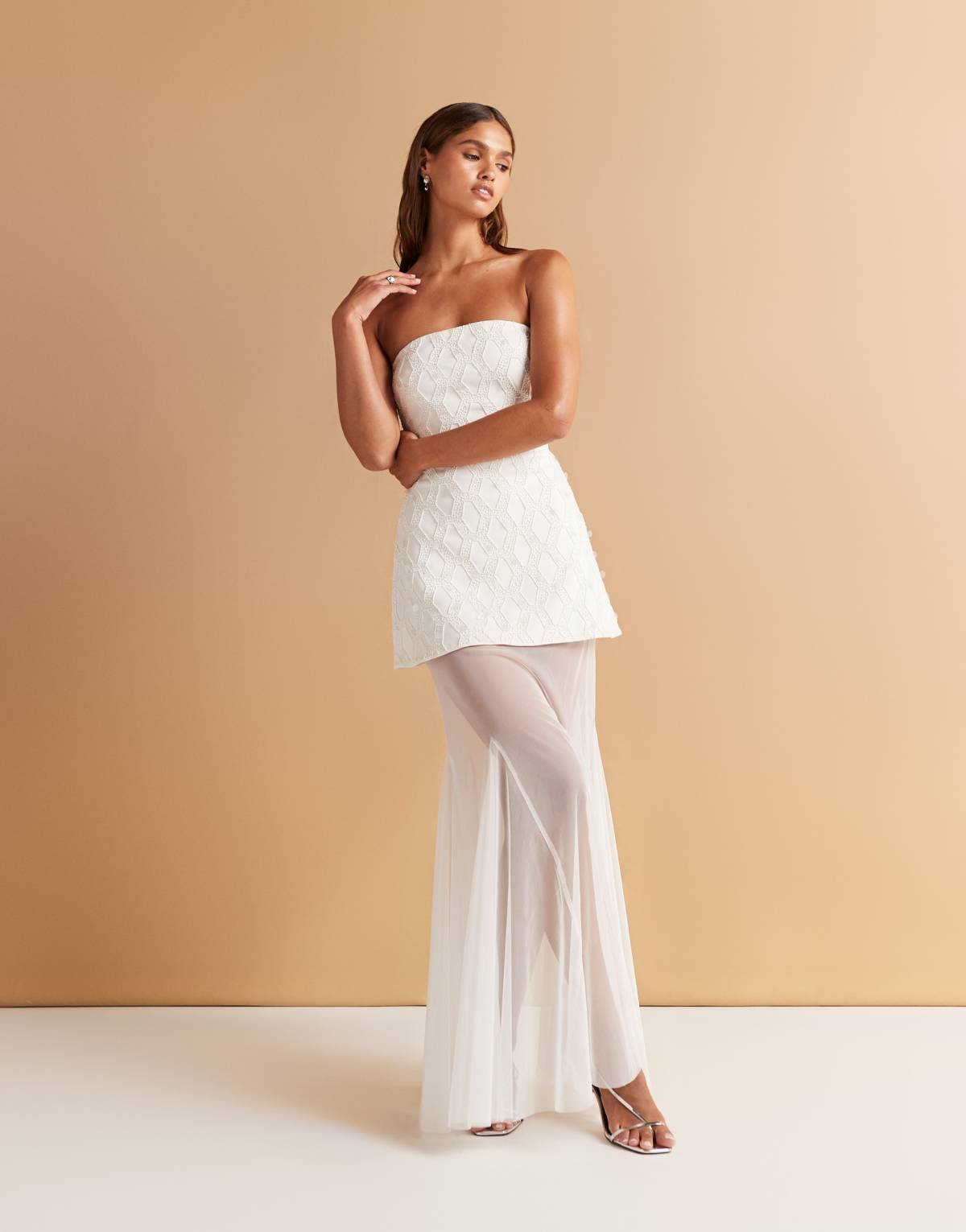 ASOS DESIGN cutwork embellished structured maxi dress with sheer full skirt in white